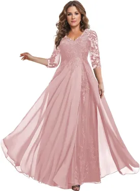 3/4 Sleeve Mother of The Bride Dresses for Women Long Chiffon Lace V Neck Sparkly Formal Wedding Guest Gown