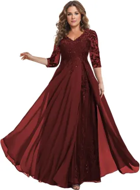 3/4 Sleeve Mother of The Bride Dresses for Women Long Chiffon Lace V Neck Sparkly Formal Wedding Guest Gown