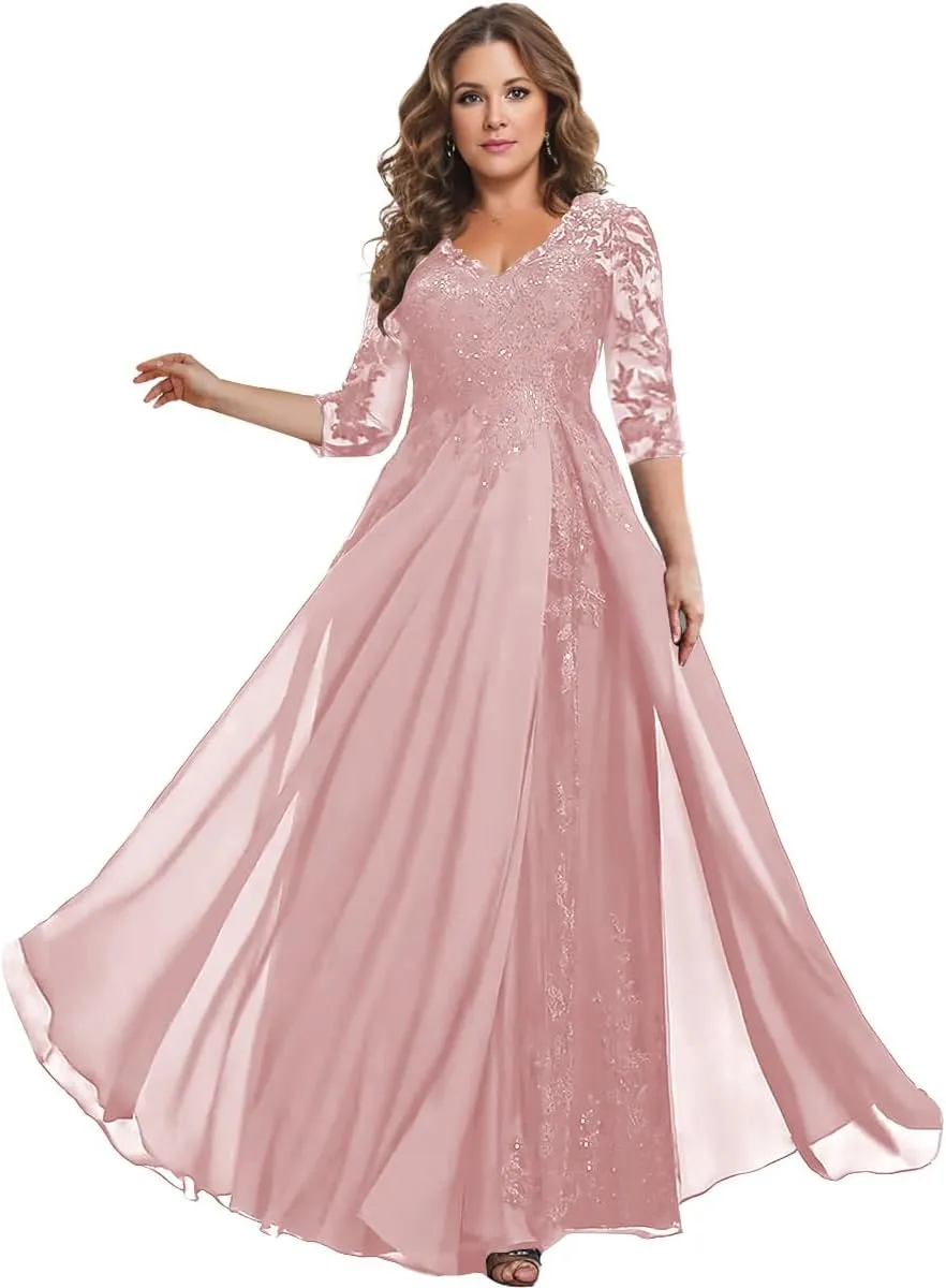 3/4 Sleeve Mother of The Bride Dresses for Women Long Chiffon Lace V Neck Sparkly Formal Wedding Guest Gown