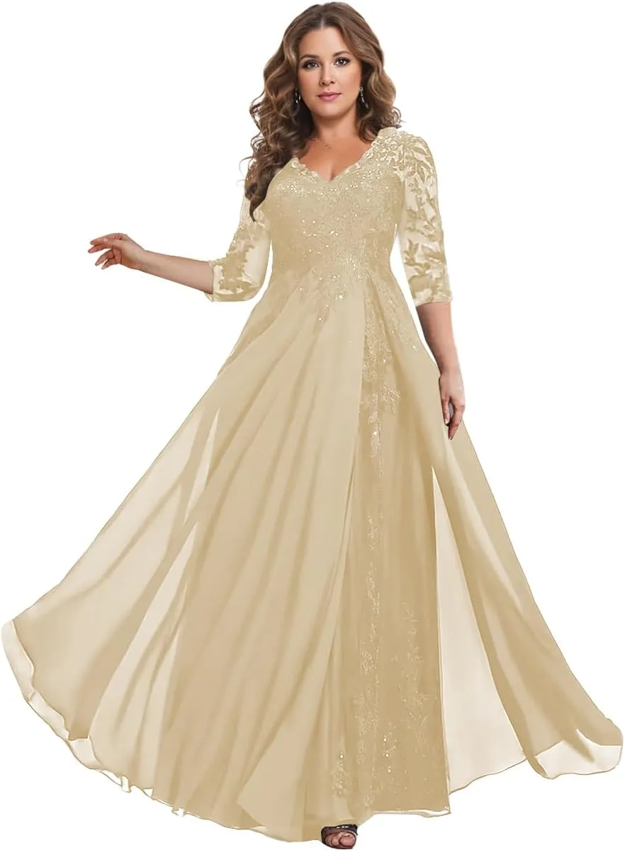 3/4 Sleeve Mother of The Bride Dresses for Women Long Chiffon Lace V Neck Sparkly Formal Wedding Guest Gown