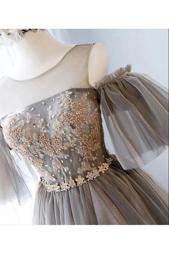 A Line Knee Length Tulle Homecoming Dress with Sleeves, Cute Short Prom Gown UQ2189