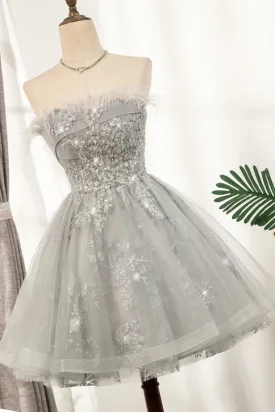 A Line Strapless Light Gray Tulle Short Homecoming Dress with Beads UQH0087