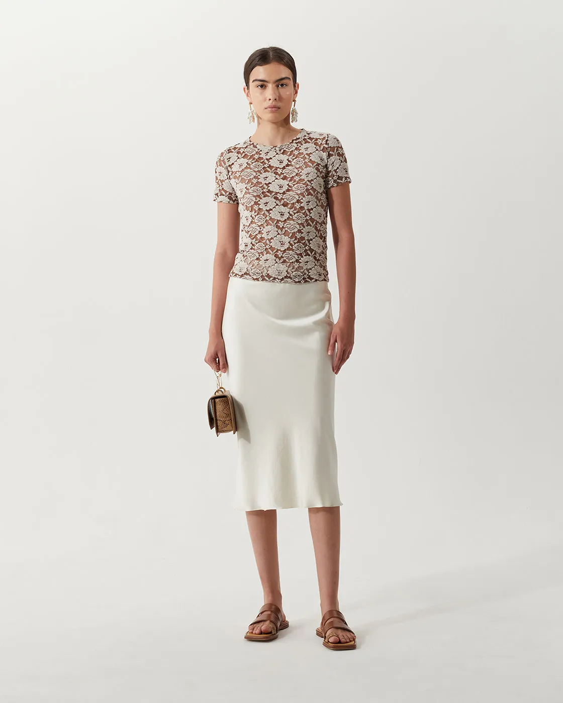 Adina T-Shirt Cotton Blend Floral Lace Brown