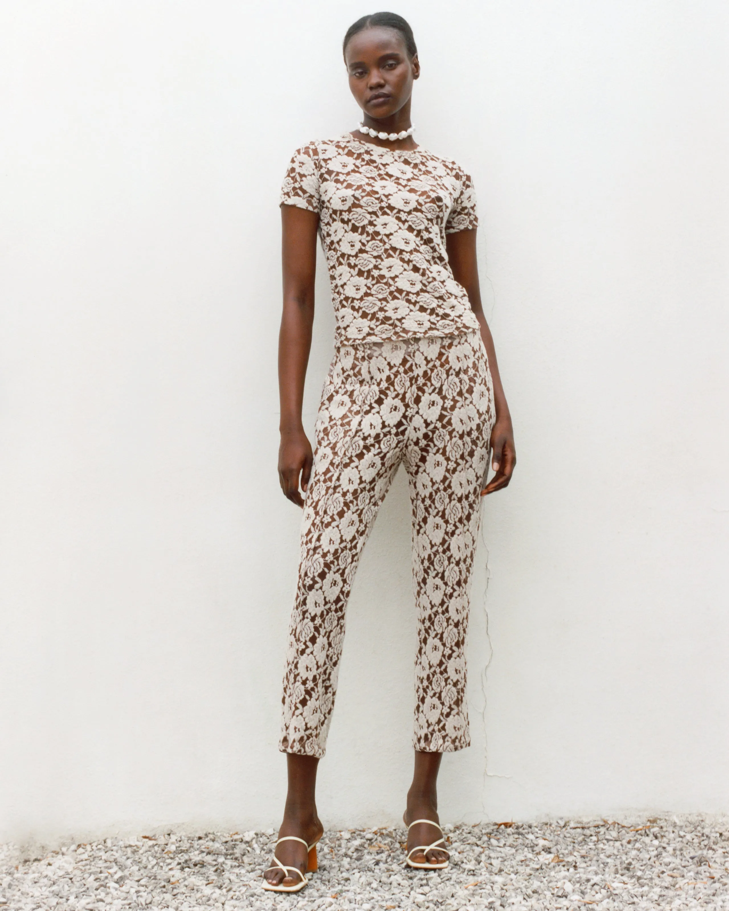 Adina T-Shirt Cotton Blend Floral Lace Brown