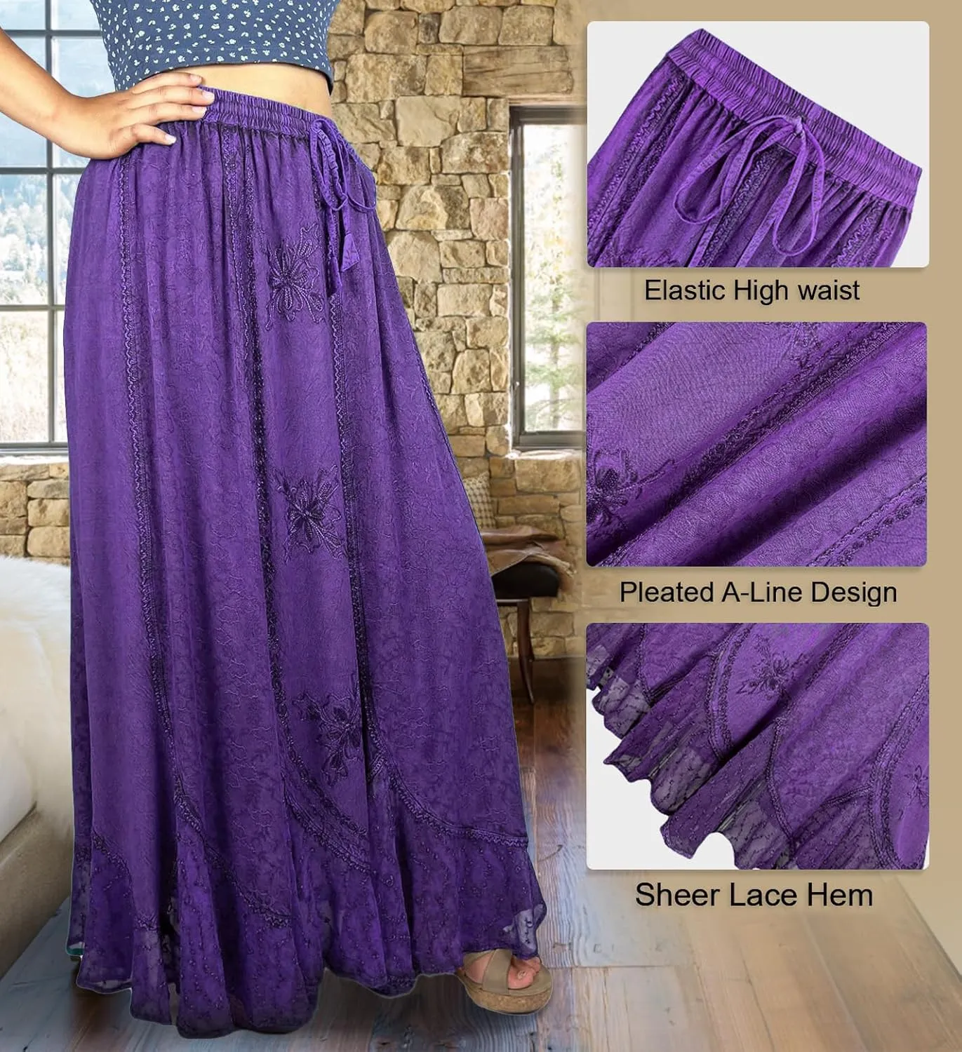 Agan Traders Women's 2025 Summer Medieval High Waisted Maxi Skirts for Women - A Line Drawstring Embroidered Long Maxi Skirt