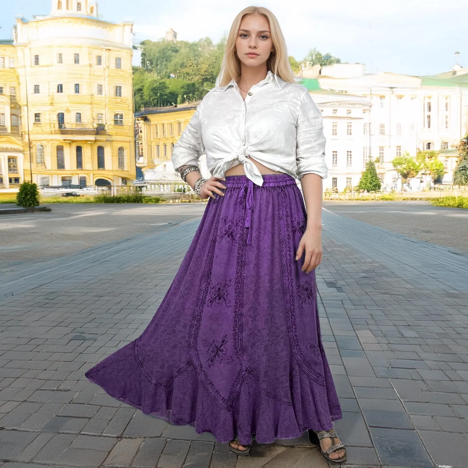 Agan Traders Women's 2025 Summer Medieval High Waisted Maxi Skirts for Women - A Line Drawstring Embroidered Long Maxi Skirt