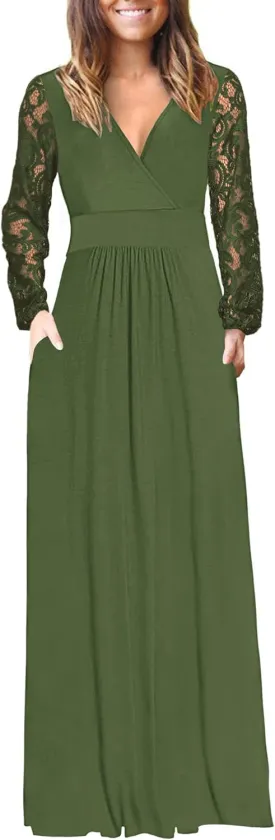 AUSELILY Womens Long Sleeve Maxi Dress 2025 Fall Lace Sleeve Dress V Neck Wrap Waist Long Dresses with Pockets