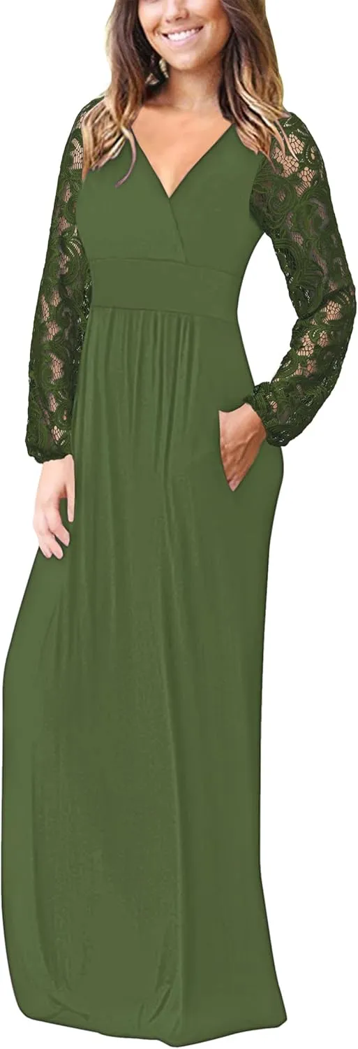 AUSELILY Womens Long Sleeve Maxi Dress 2025 Fall Lace Sleeve Dress V Neck Wrap Waist Long Dresses with Pockets