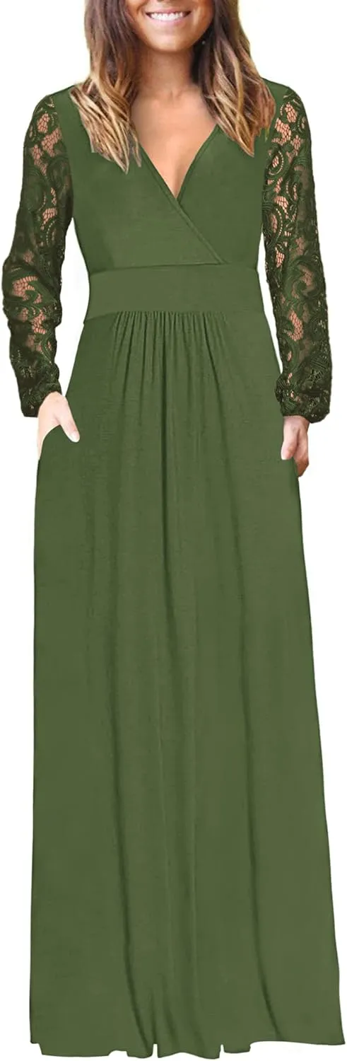 AUSELILY Womens Long Sleeve Maxi Dress 2025 Fall Lace Sleeve Dress V Neck Wrap Waist Long Dresses with Pockets