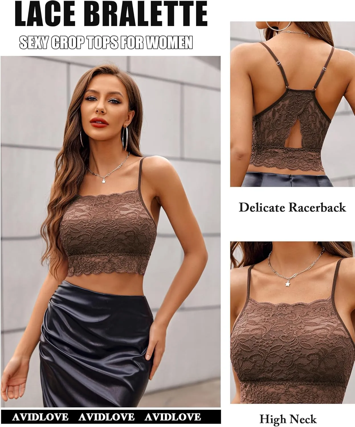 Avidlove Lace Bralette for Women High Neck Camisoles Racerback Double-Layered Crop Top