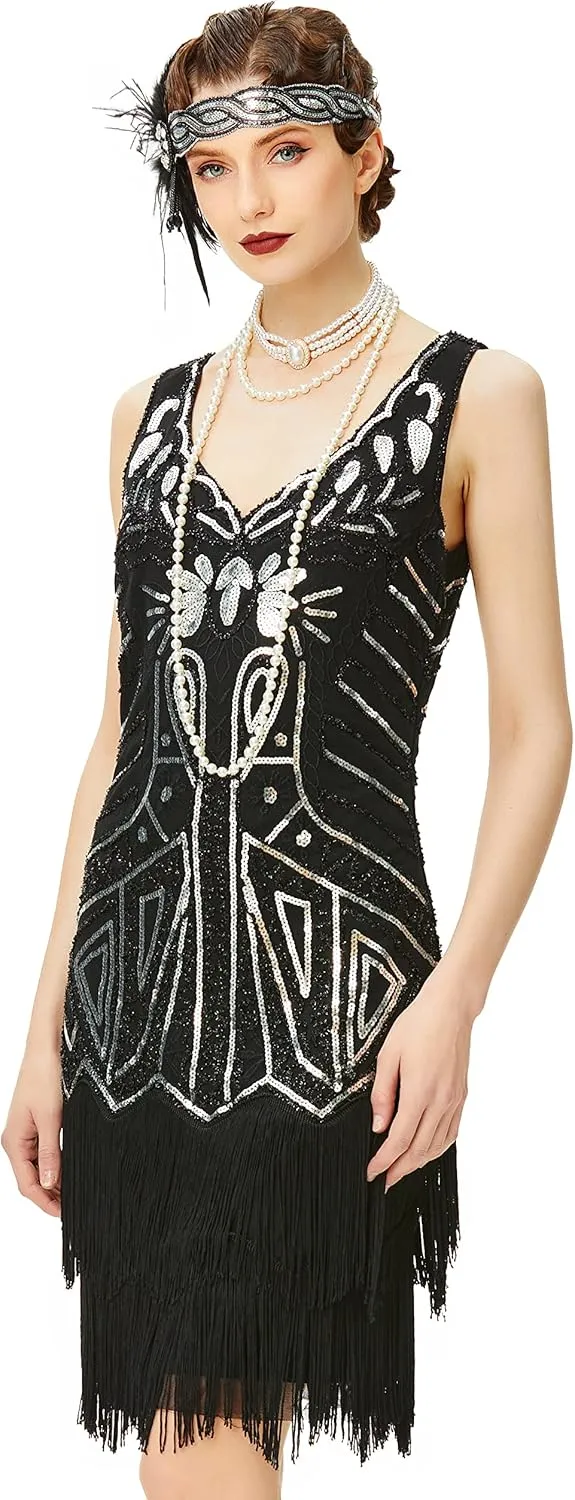 BABEYOND Women's Flapper Dresses 1920s V Neck Beaded Fringed Great Gatsby Dress
