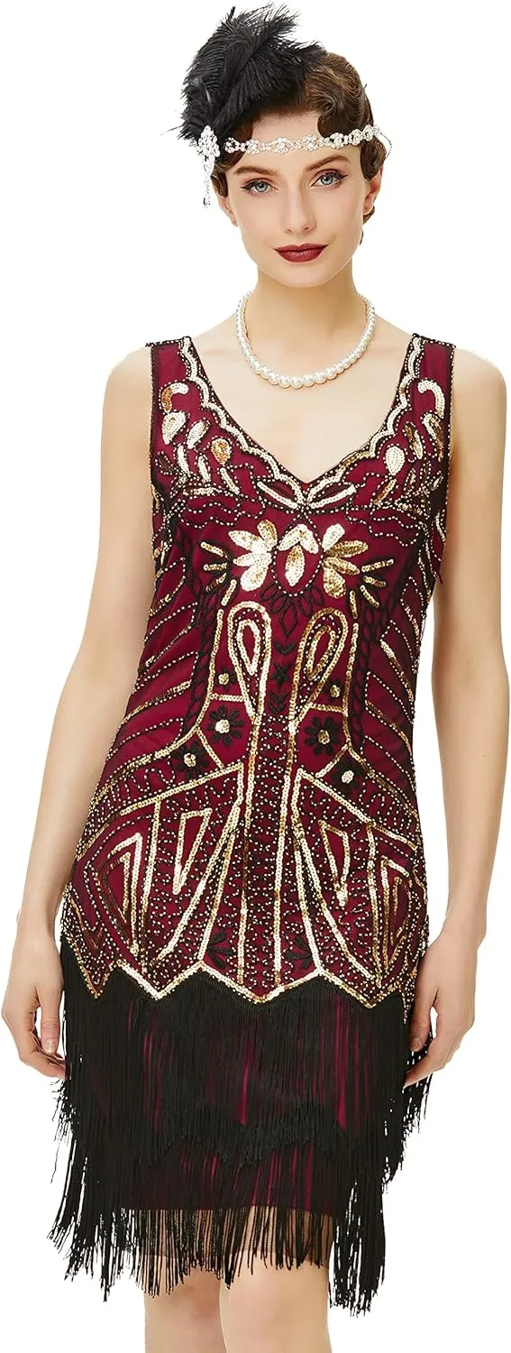 BABEYOND Women's Flapper Dresses 1920s V Neck Beaded Fringed Great Gatsby Dress