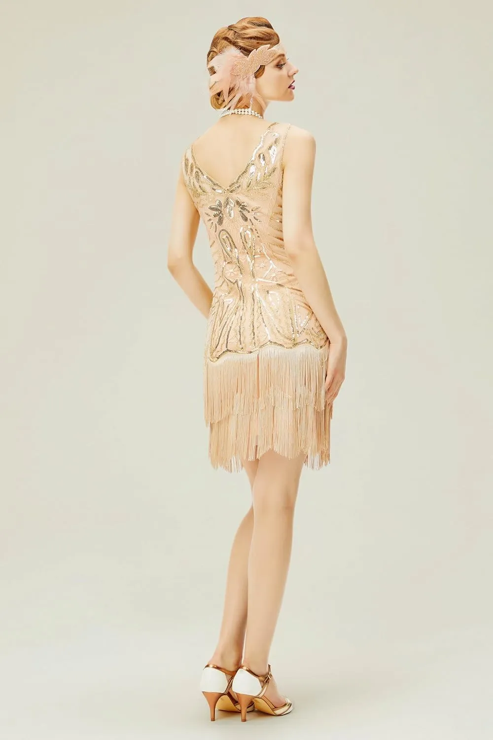BABEYOND Women's Flapper Dresses 1920s V Neck Beaded Fringed Great Gatsby Dress