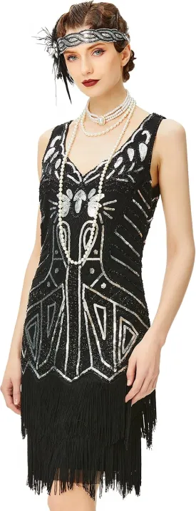 BABEYOND Women's Flapper Dresses 1920s V Neck Beaded Fringed Great Gatsby Dress