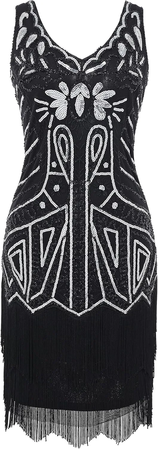 BABEYOND Women's Flapper Dresses 1920s V Neck Beaded Fringed Great Gatsby Dress