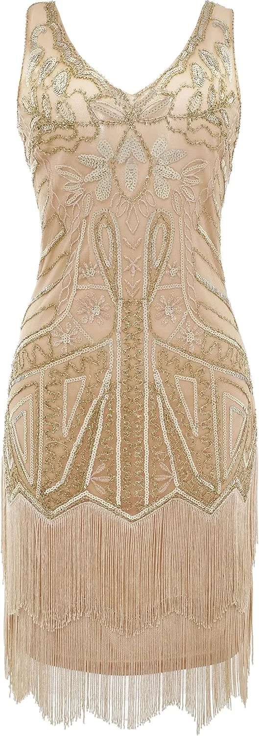 BABEYOND Women's Flapper Dresses 1920s V Neck Beaded Fringed Great Gatsby Dress