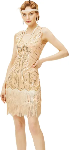 BABEYOND Women's Flapper Dresses 1920s V Neck Beaded Fringed Great Gatsby Dress