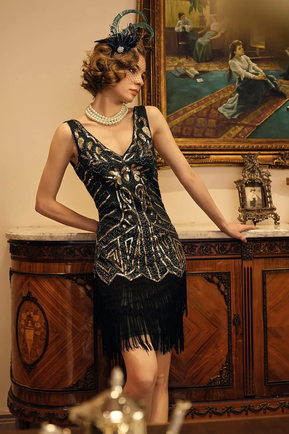 BABEYOND Women's Flapper Dresses 1920s V Neck Beaded Fringed Great Gatsby Dress