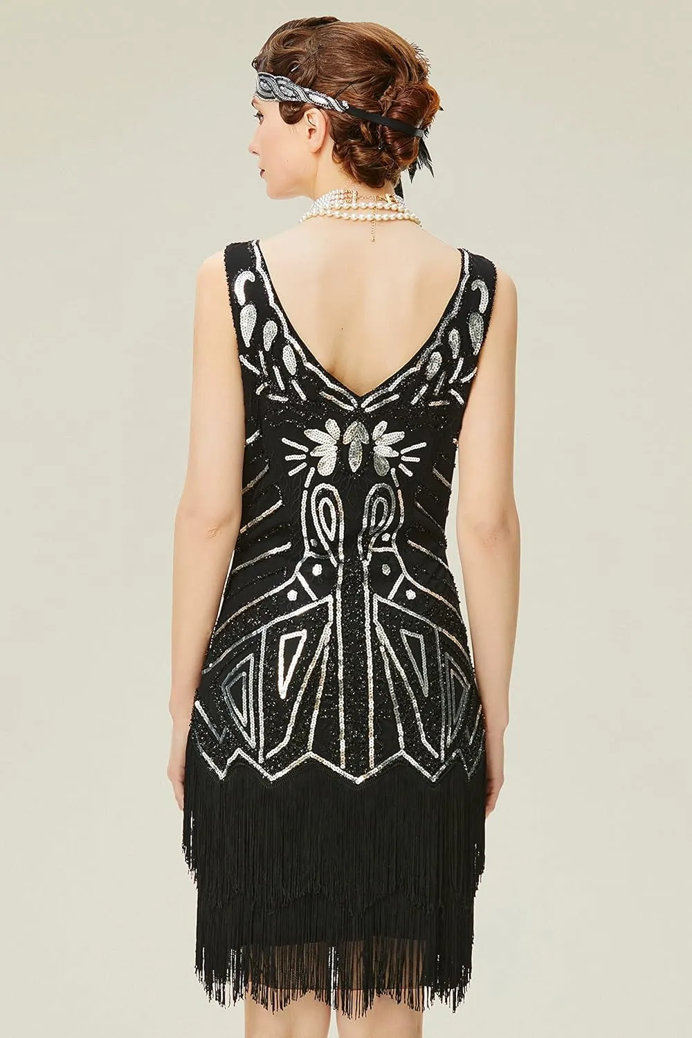 BABEYOND Women's Flapper Dresses 1920s V Neck Beaded Fringed Great Gatsby Dress