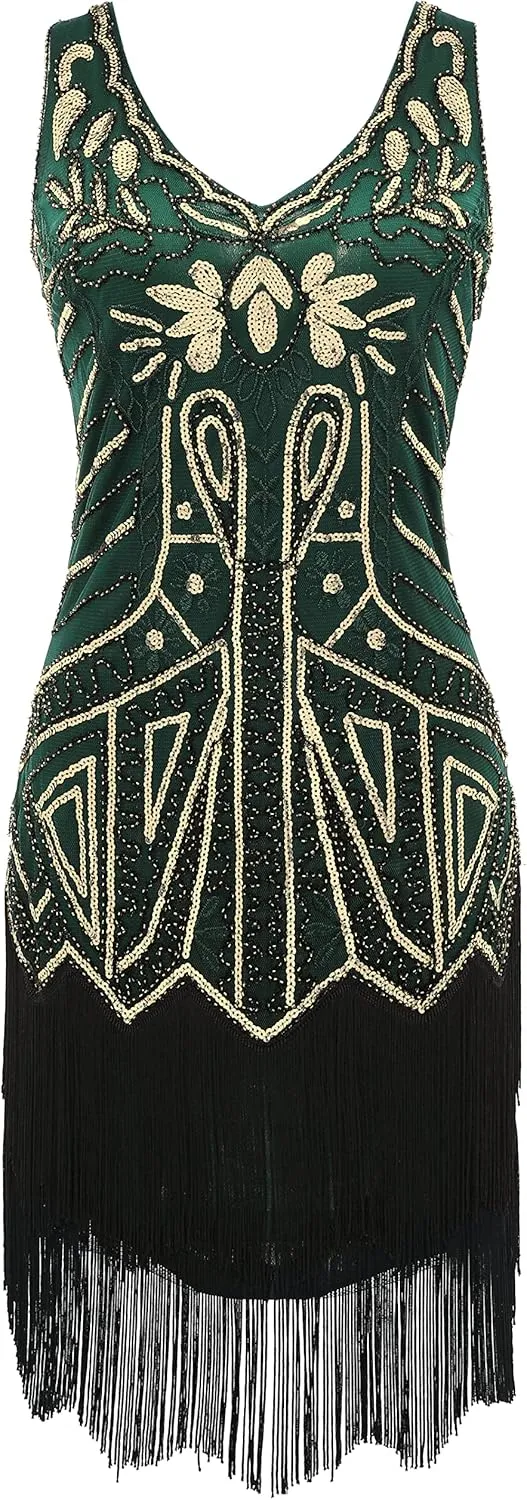 BABEYOND Women's Flapper Dresses 1920s V Neck Beaded Fringed Great Gatsby Dress