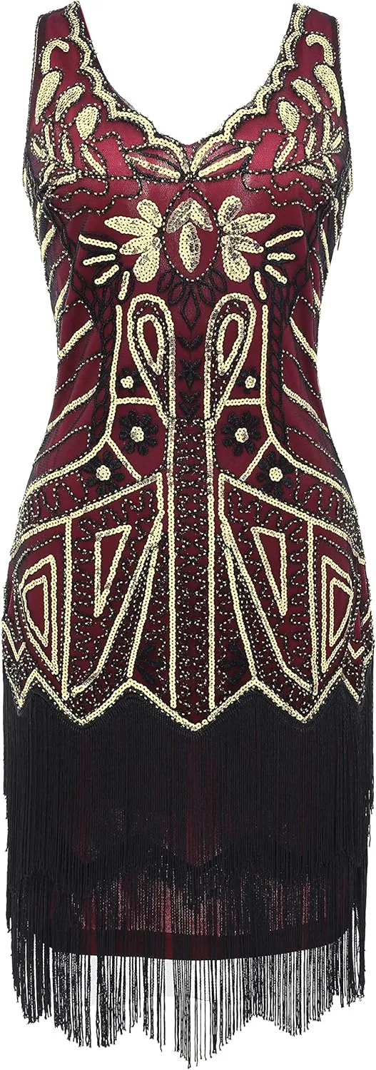 BABEYOND Women's Flapper Dresses 1920s V Neck Beaded Fringed Great Gatsby Dress
