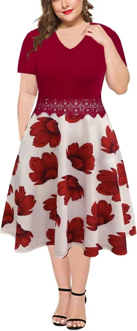 BEDOAR Women's Elegant Lace Embroidery Plus Size Flared A-Line Swing Casual Party Cocktail Dresses with Pockets