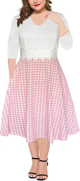 BEDOAR Women's Elegant Lace Embroidery Plus Size Flared A-Line Swing Casual Party Cocktail Dresses with Pockets