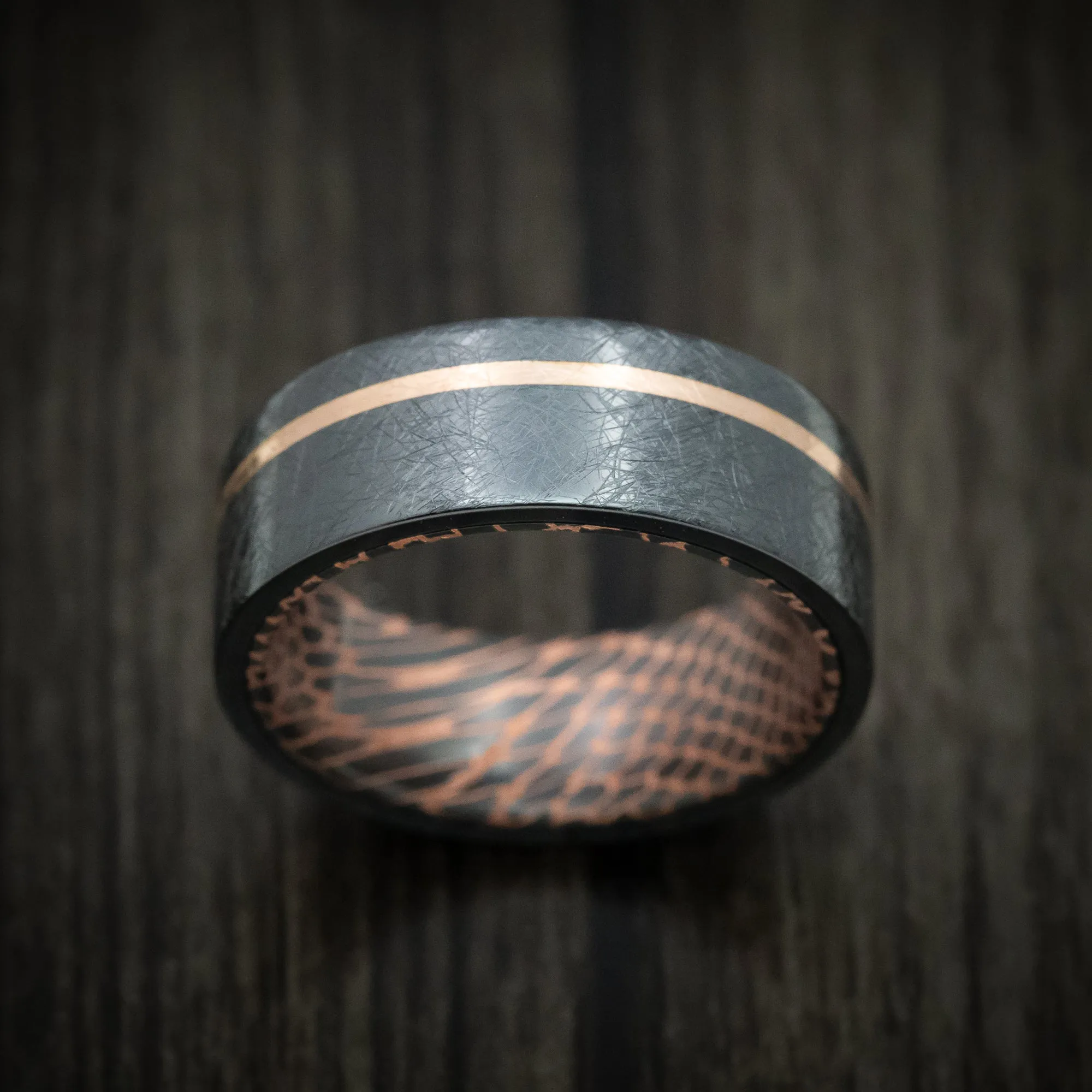 Black Titanium and 14K Gold Distressed Men's Ring with Darkened Superconductor Sleeve Custom Made Band