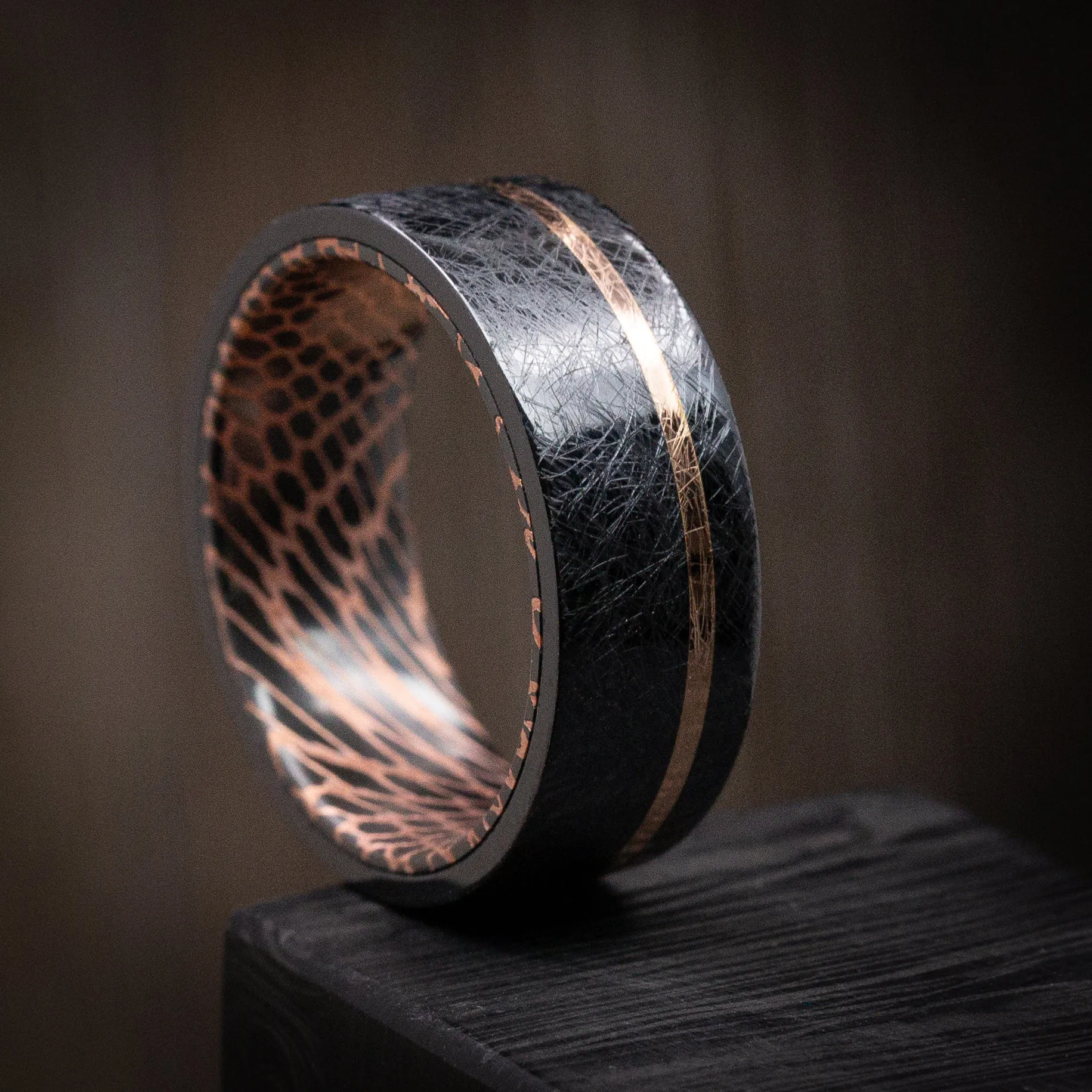 Black Titanium and 14K Gold Distressed Men's Ring with Darkened Superconductor Sleeve Custom Made Band