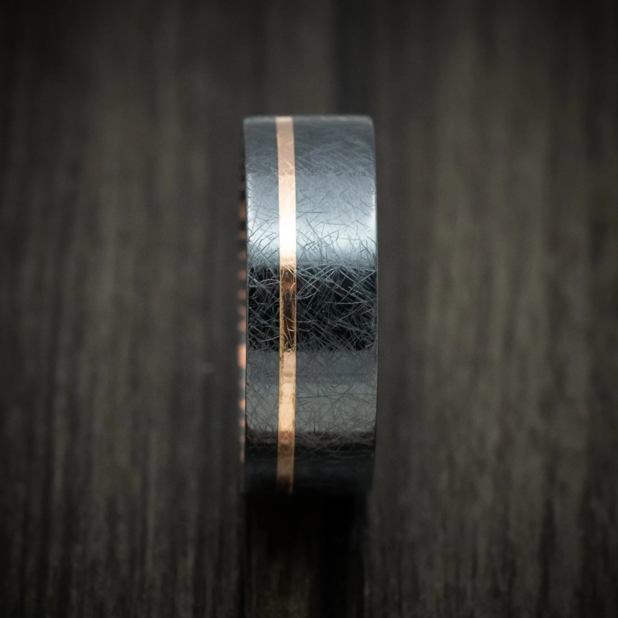 Black Titanium and 14K Gold Distressed Men's Ring with Darkened Superconductor Sleeve Custom Made Band
