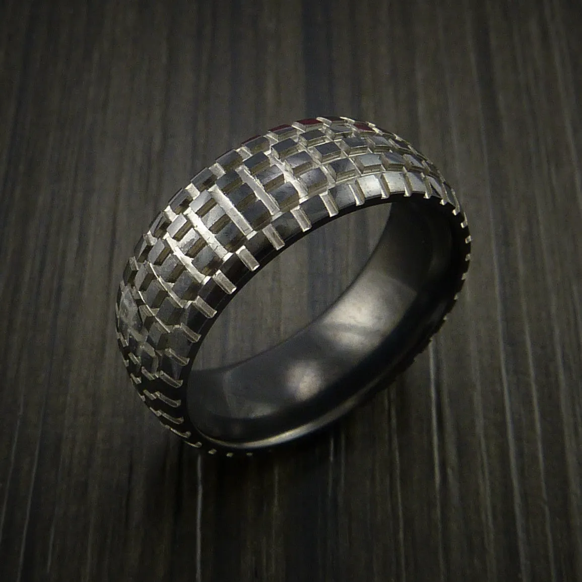 Black Zirconium Carved Tread Design Men's Ring Bold Unique Band Custom Made