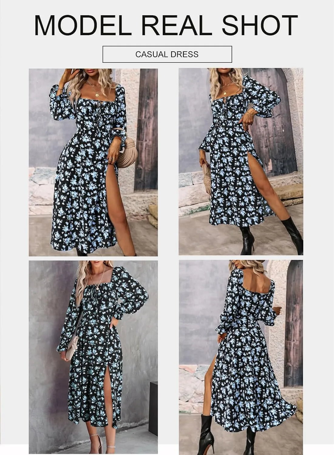 BLENCOT Womens Casual Square Neck Long Sleeve Boho Floral Midi Dress Print Side Split Dresses