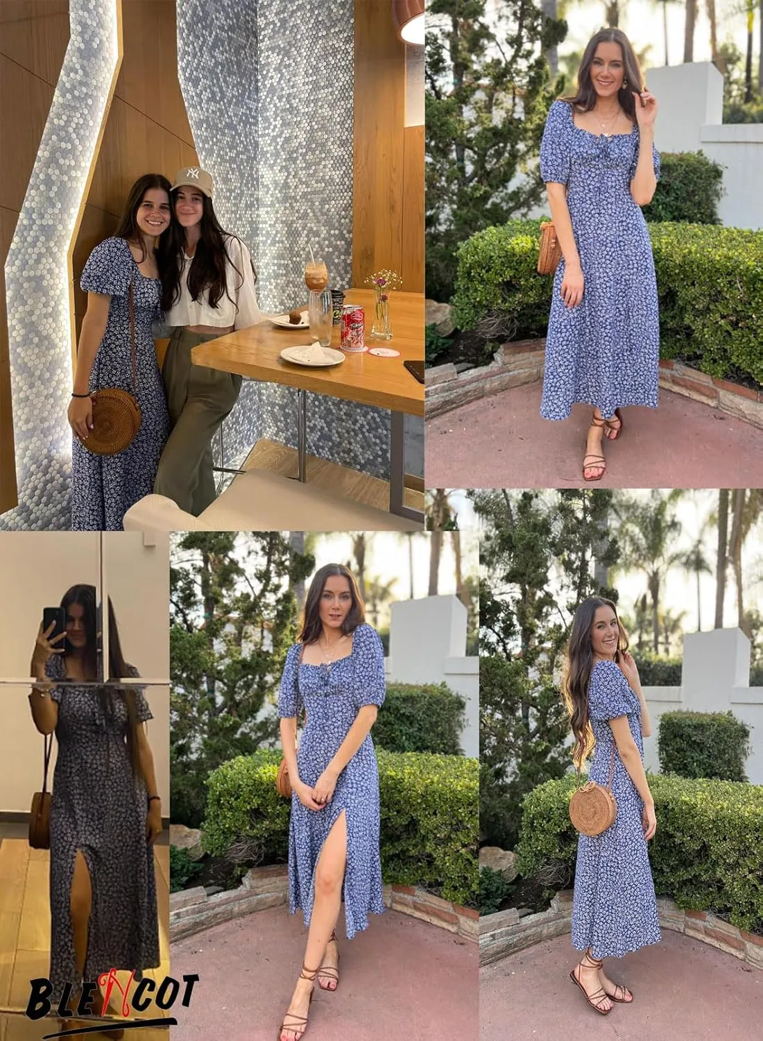 BLENCOT Womens Casual Summer Square Neck Short Sleeve Split Thigh Dress Boho Floral Print Tie Front Midi Dresses