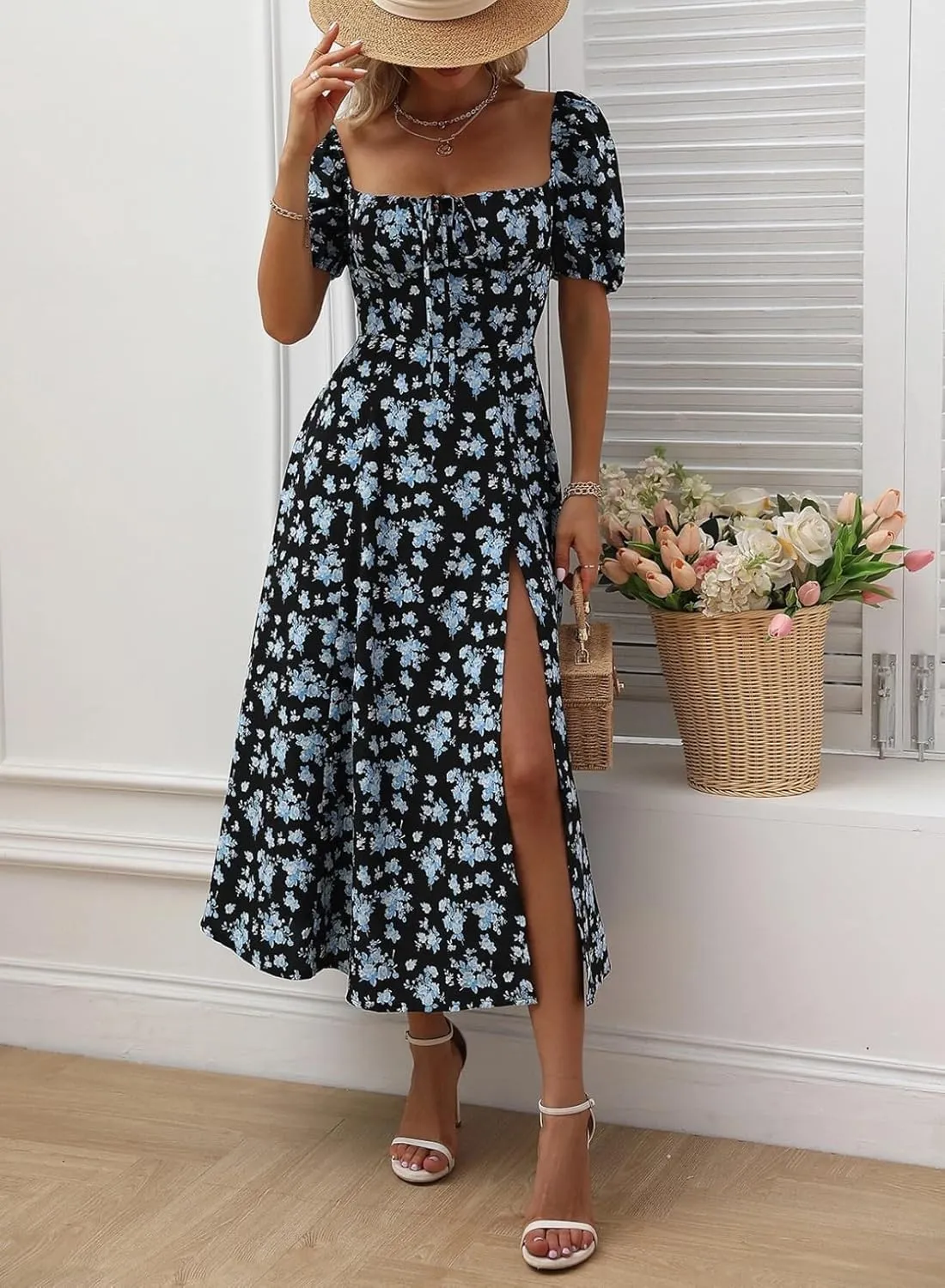 BLENCOT Womens Casual Summer Square Neck Short Sleeve Split Thigh Dress Boho Floral Print Tie Front Midi Dresses