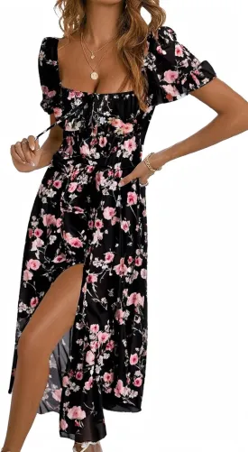 BLENCOT Womens Casual Summer Square Neck Short Sleeve Split Thigh Dress Boho Floral Print Tie Front Midi Dresses