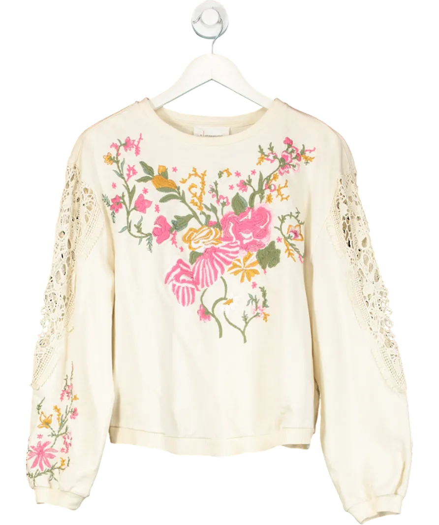 by Anthropologie Cream Oversize Floral Embroidered Lace Panel Sleeve Top UK S