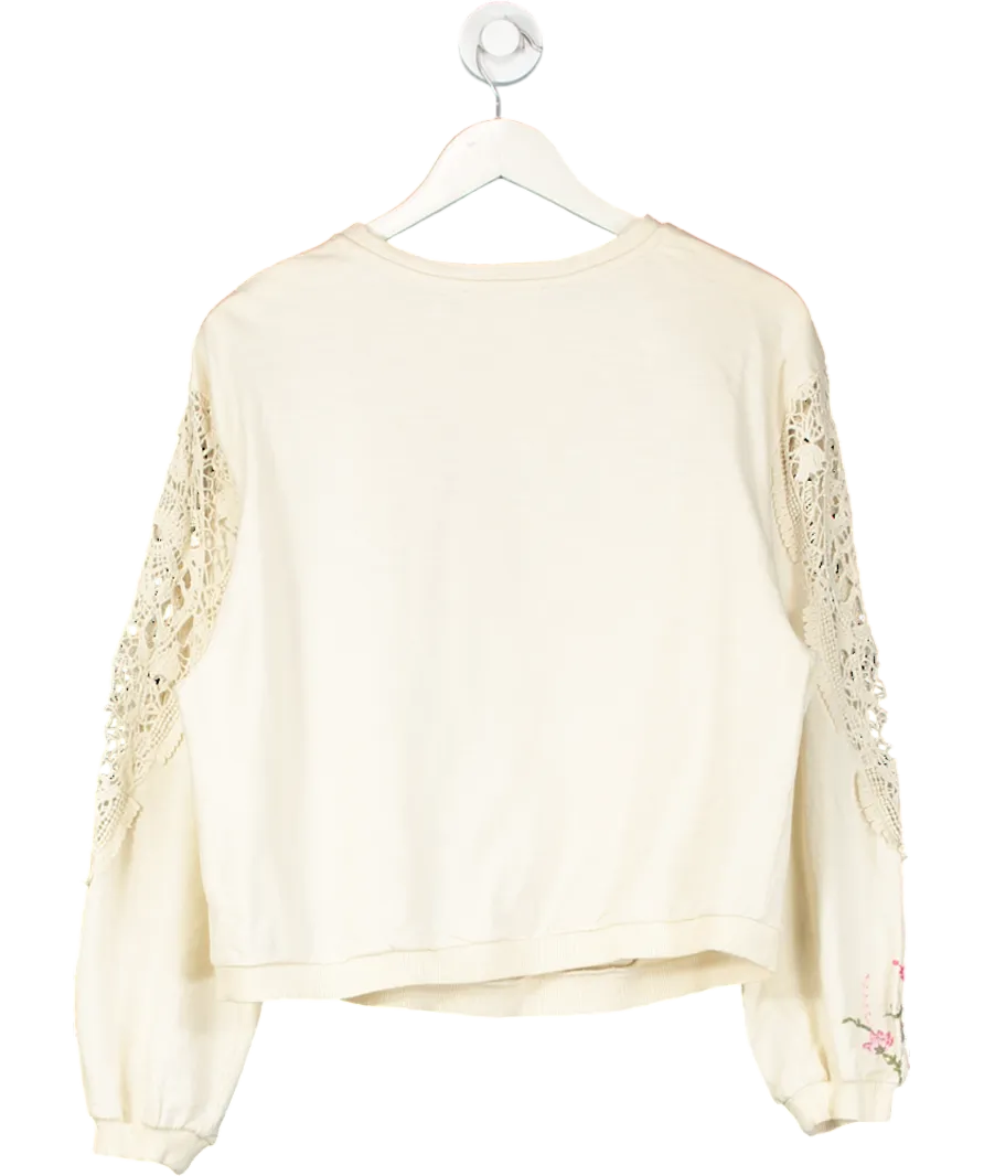 by Anthropologie Cream Oversize Floral Embroidered Lace Panel Sleeve Top UK S
