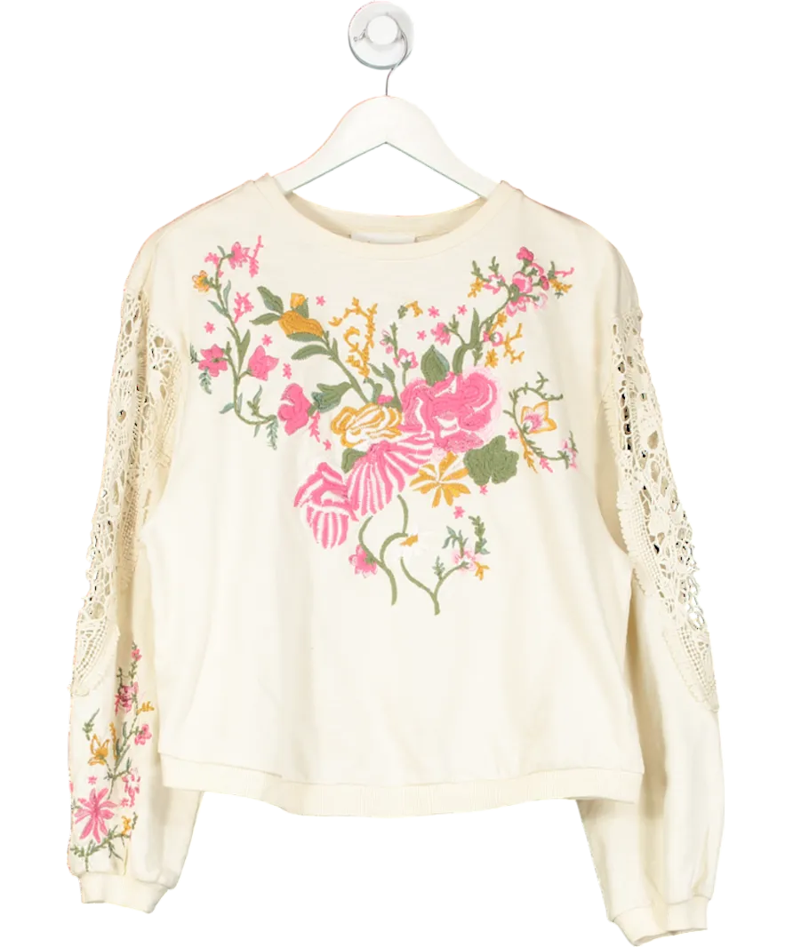 by Anthropologie Cream Oversize Floral Embroidered Lace Panel Sleeve Top UK S