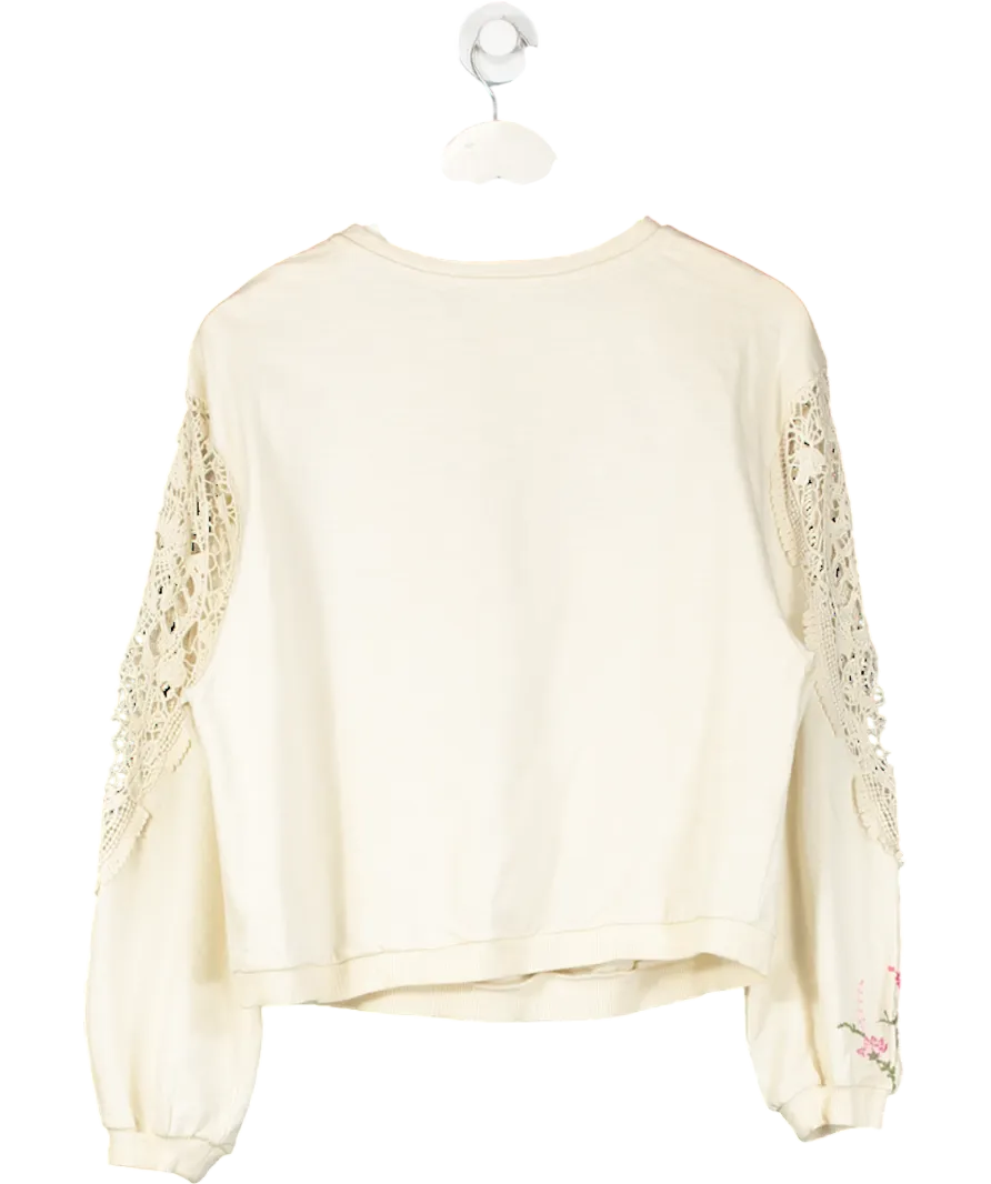 by Anthropologie Cream Oversize Floral Embroidered Lace Panel Sleeve Top UK S