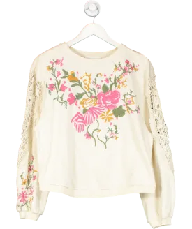 by Anthropologie Cream Oversize Floral Embroidered Lace Panel Sleeve Top UK S