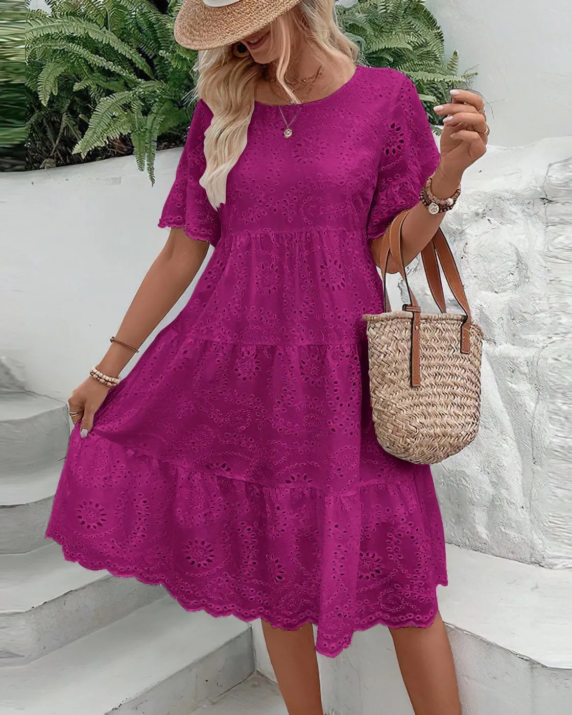 chouyatou Women's Lace Eyelet Short Sleeve Tiered Midi Long Dress Ruffle Hem Babydoll Short Dress