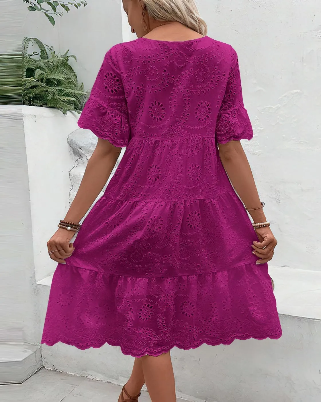 chouyatou Women's Lace Eyelet Short Sleeve Tiered Midi Long Dress Ruffle Hem Babydoll Short Dress