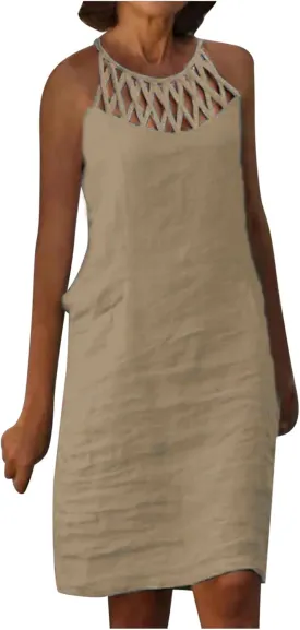 Cotton Linen Dresses for Womens 2024 Trendy Summer Casual Loose Short Sleeve Midi Dress Elegant Lace Beach Sundress
