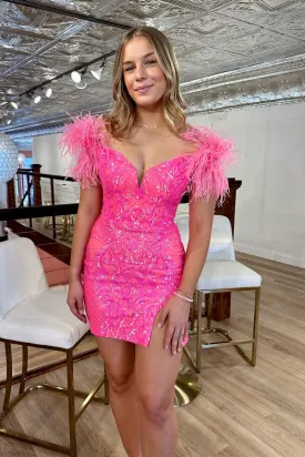 Cute Bodycon Off the Shoulder Hot Pink Sequins Lace Homecoming Dresses with Feather VK073190