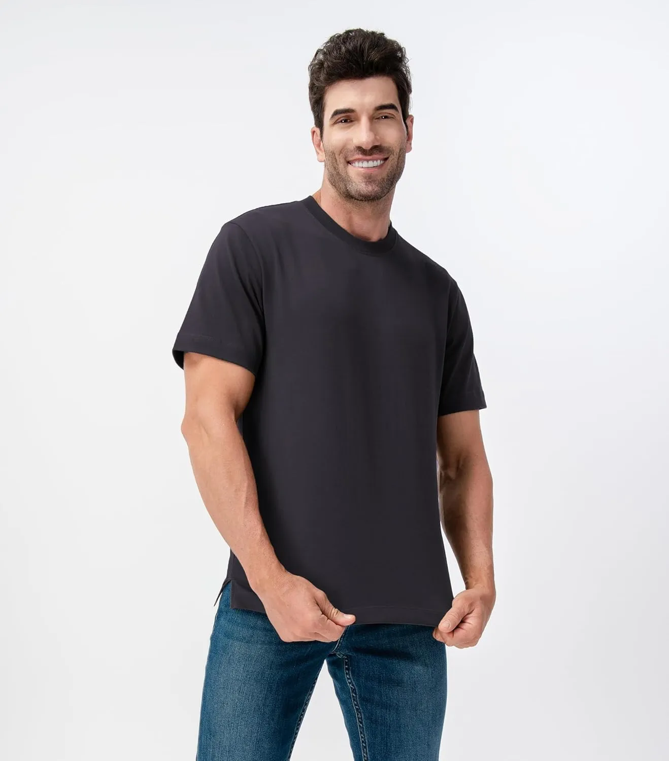 DAVID ARCHY Men's Heavyweight T-Shirt 260g Cotton Sorona Moisture-Wicking Shirts Stretch Side Slit Tees for Men 1-Pack