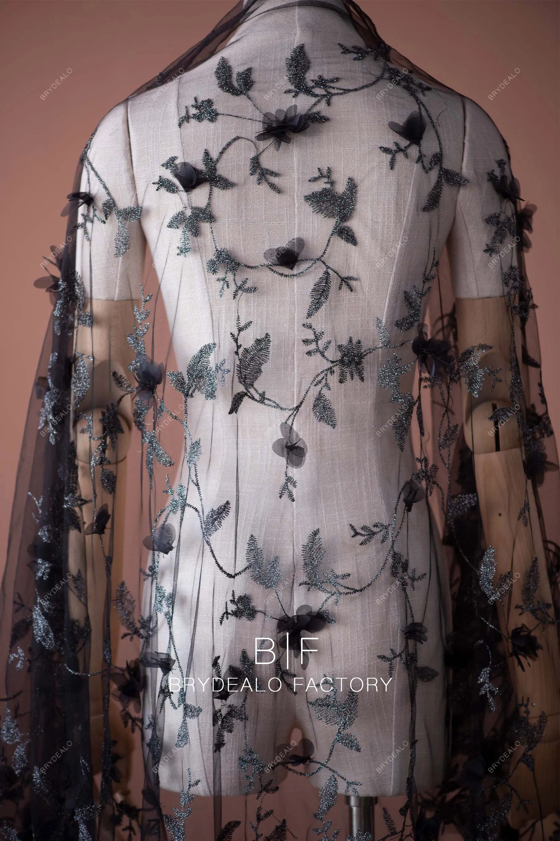 Designer Black Shimmery 3D Flower Lace Fabric Online