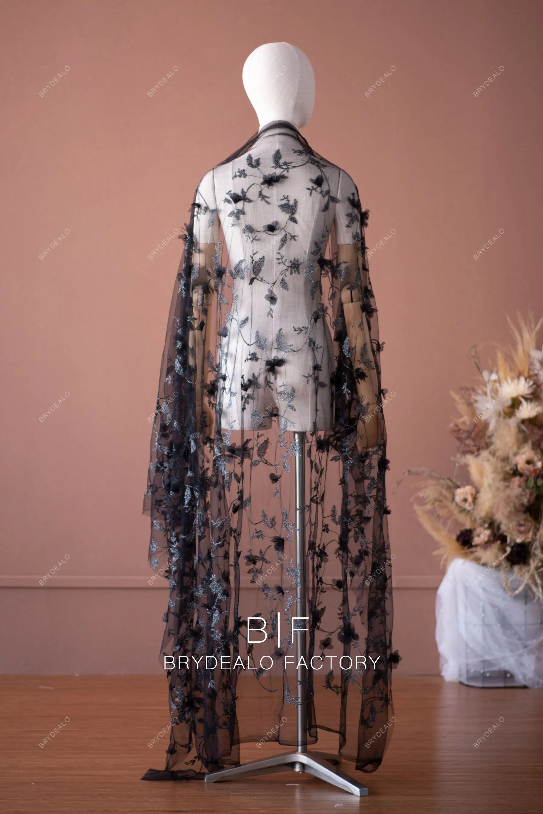 Designer Black Shimmery 3D Flower Lace Fabric Online