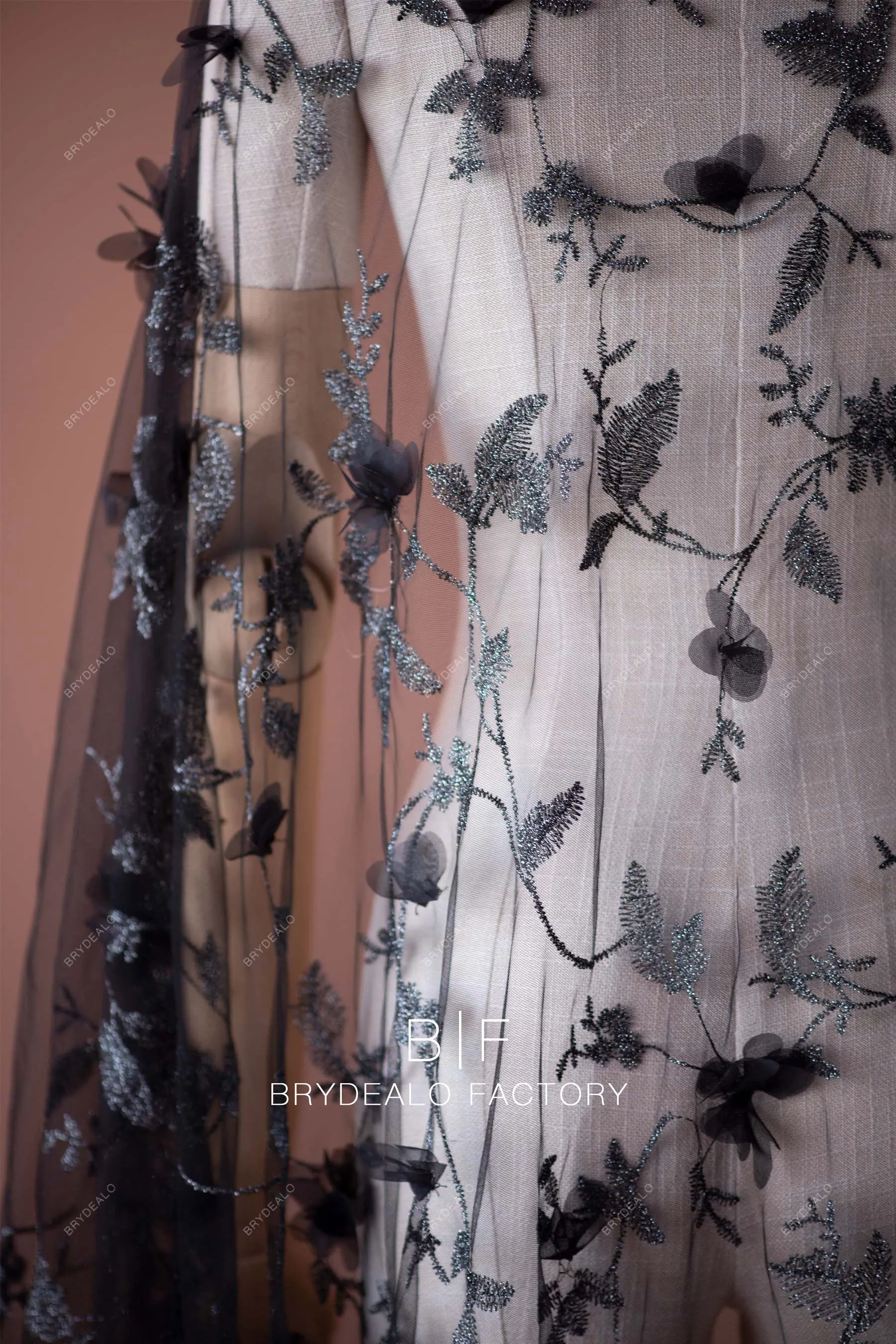 Designer Black Shimmery 3D Flower Lace Fabric Online