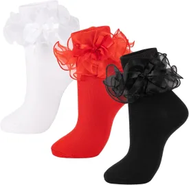Dicry Women's Big Ruffle Socks with Bows Double Lace Turn Cuff (Size 9-11, 3 Pairs)