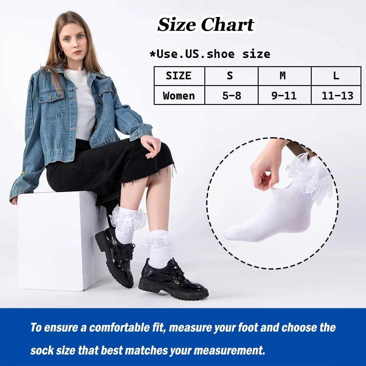 Dicry Women's Big Ruffle Socks with Bows Double Lace Turn Cuff (Size 9-11, 3 Pairs)